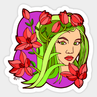 Red Lilies and Green Girl Sticker